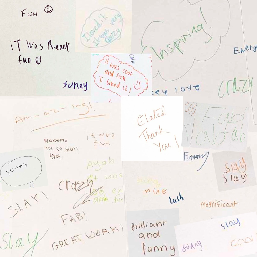 reviews from school children written in colourful felt tip pens such as 'fun' 'funny' and 'slay'