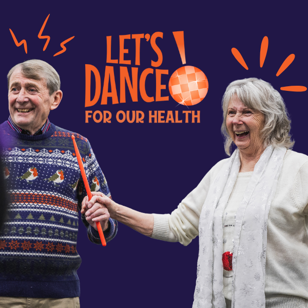 two dance for parkinson's dancers smiling widely with the let's dance logo behind