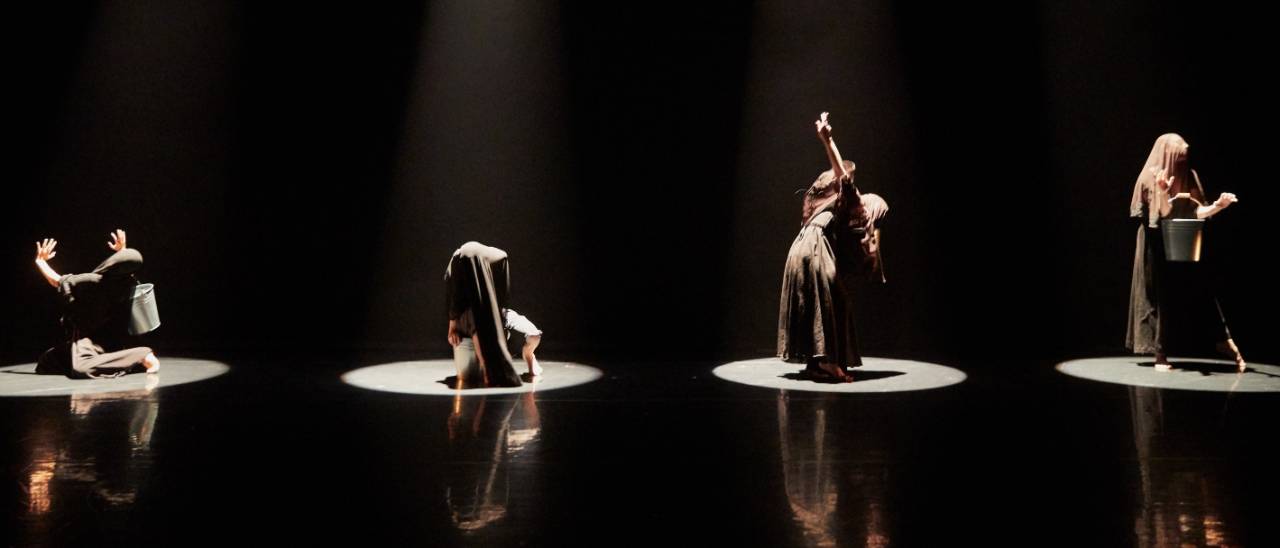 selection of 4 images of individual dancers, 2 throwing water, 2 with veils over their faces