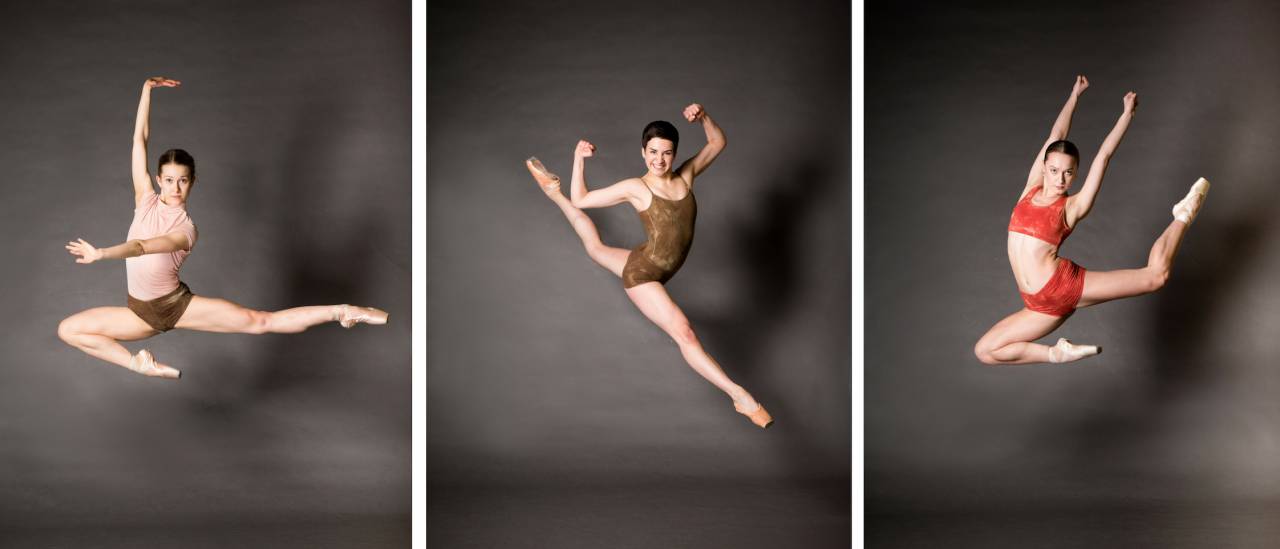 Ballet Cymru, 3 dancers leaping in the air