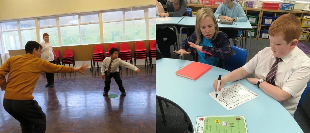 2 images one with 2 a boy dancing with dance ambassador and the other with a boy doing work with a dancer helping