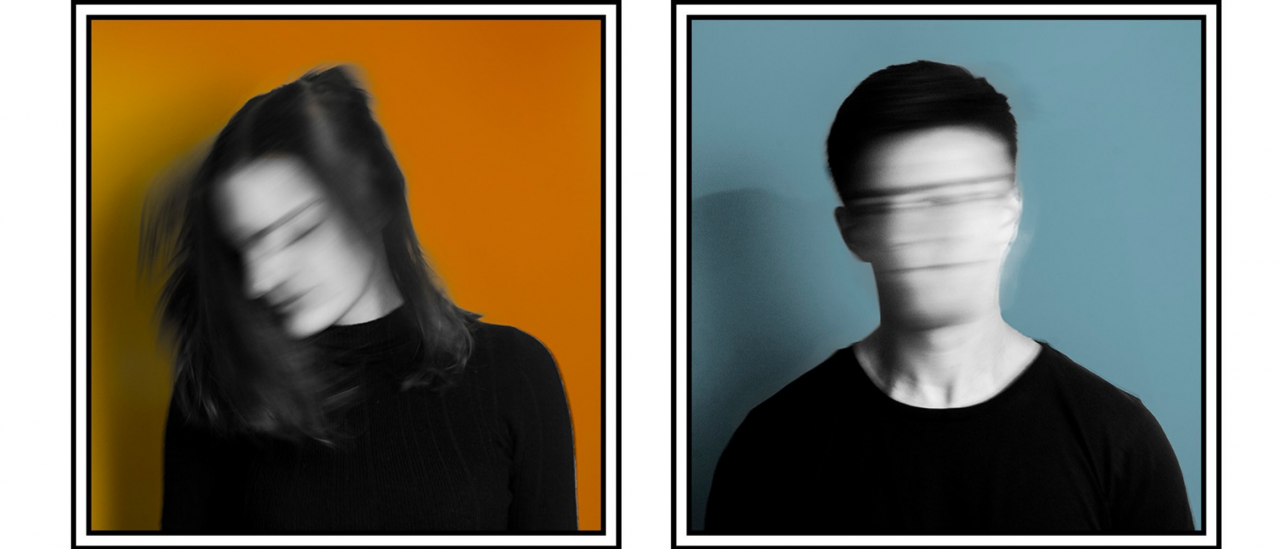 2 images of heads in coloured boxes blurred out