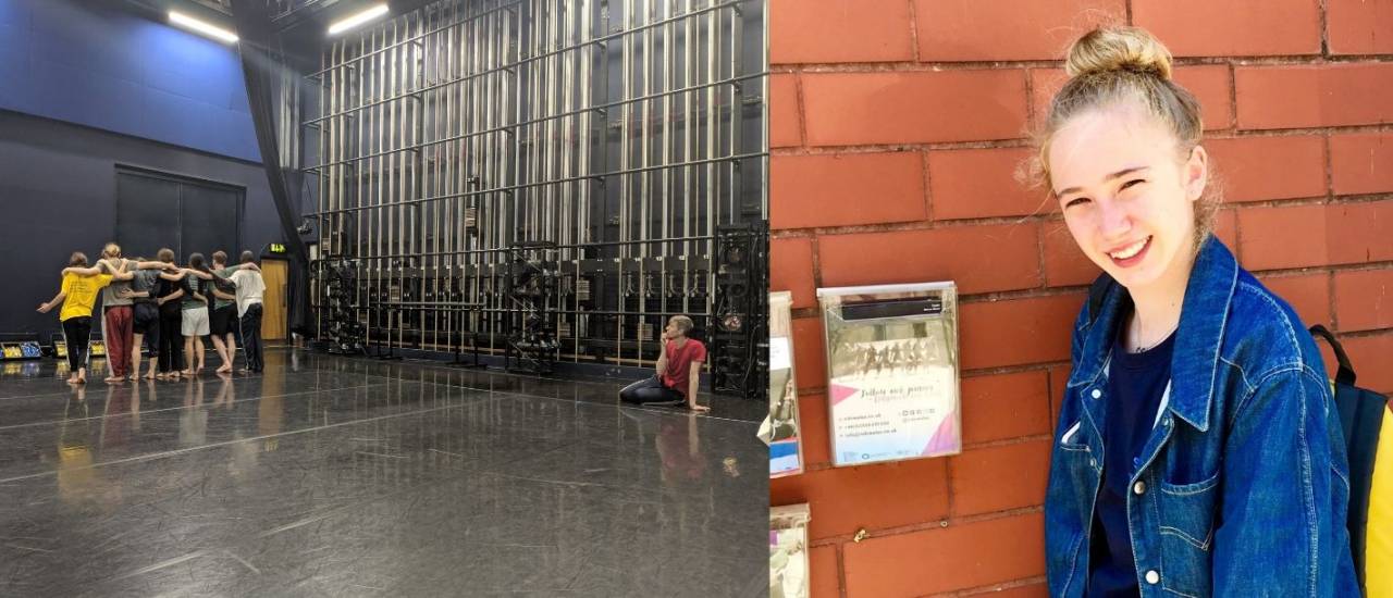 Image of dancers working on Rugbi, standing ina line at the back with their backs to the camera and the director on the floor looking up at them and then a picture of Molly next to that. Blonde hair