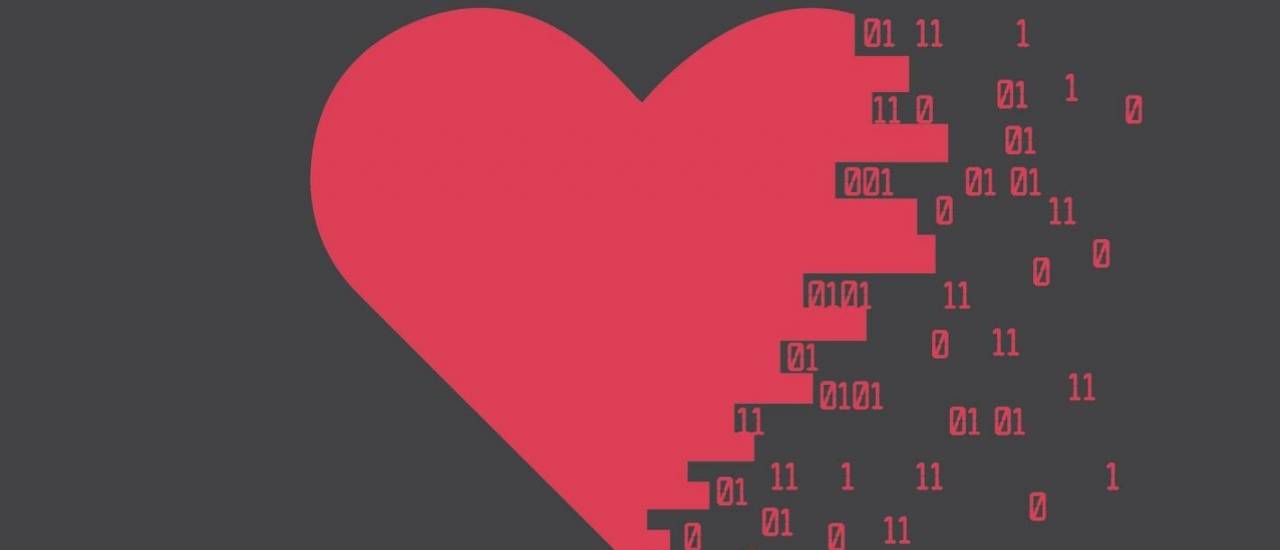 Red heart against a black background with parts of it coming off as numbers