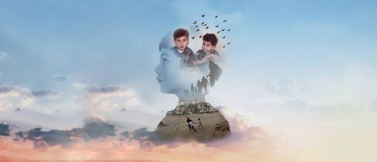 Boy with two hearts haeder image - image of a boys head infront of a beautiful sky  his head is made up of memories of Afghanistan