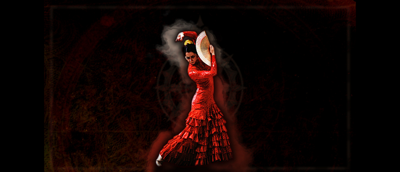 flamenco dancer in ruffled red dress with a fan infront of her face