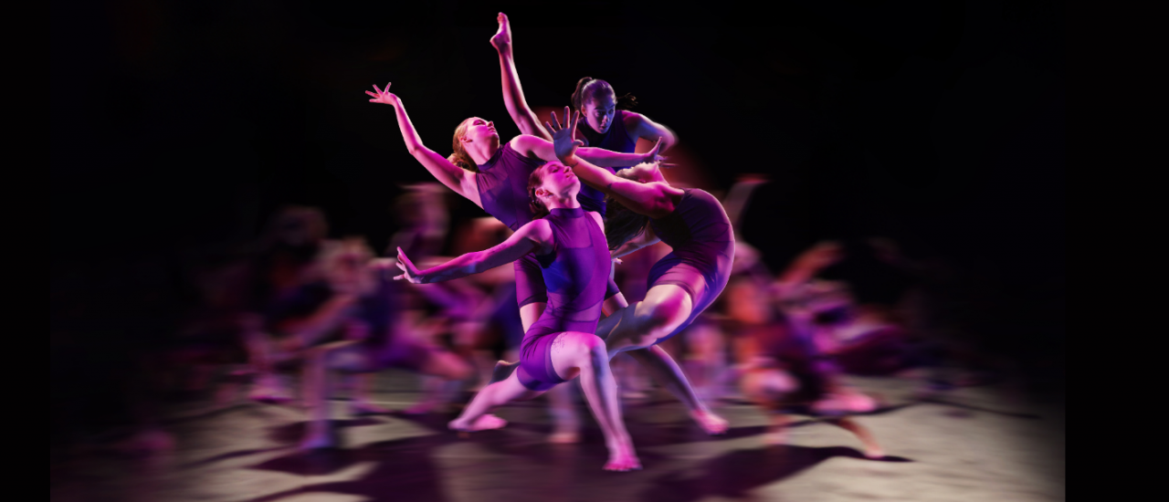 purple lit dancers in many poses layered ontop of one another