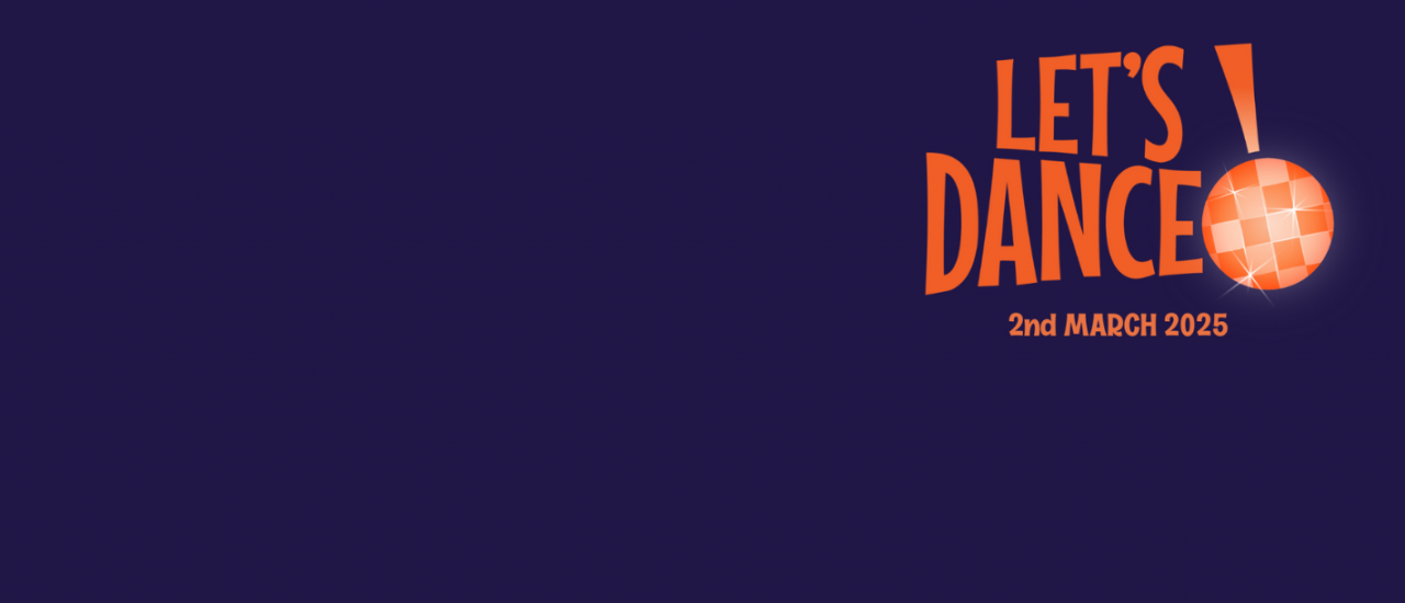 Let's dance logo is orange writing with a disco ball exclamation point on a dark purple background