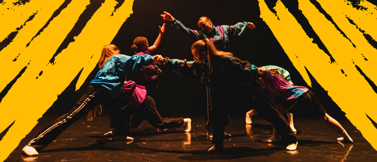 Young dancers in jewel toned bomber jackets with yellow jazzy graphic over the edges of the photo