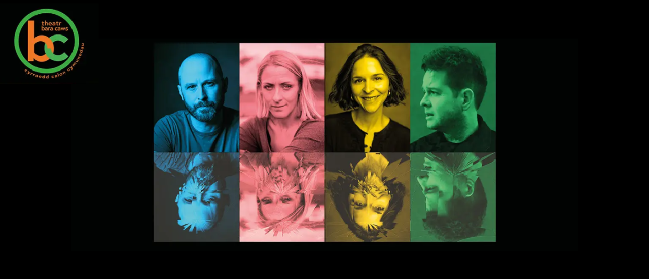 black banner with Theatr Bara Caws logo and photos of four actor headshots in primary colours