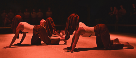 three dancers crawling on the floor under orange light, their shiny purple shirts hanging over the heads and covering their faces - they wear vests and purple trousers. 